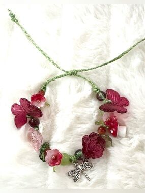 Handcrafted Cottage-core Adjustable Bracelet with Floral Beads and Dragonfly